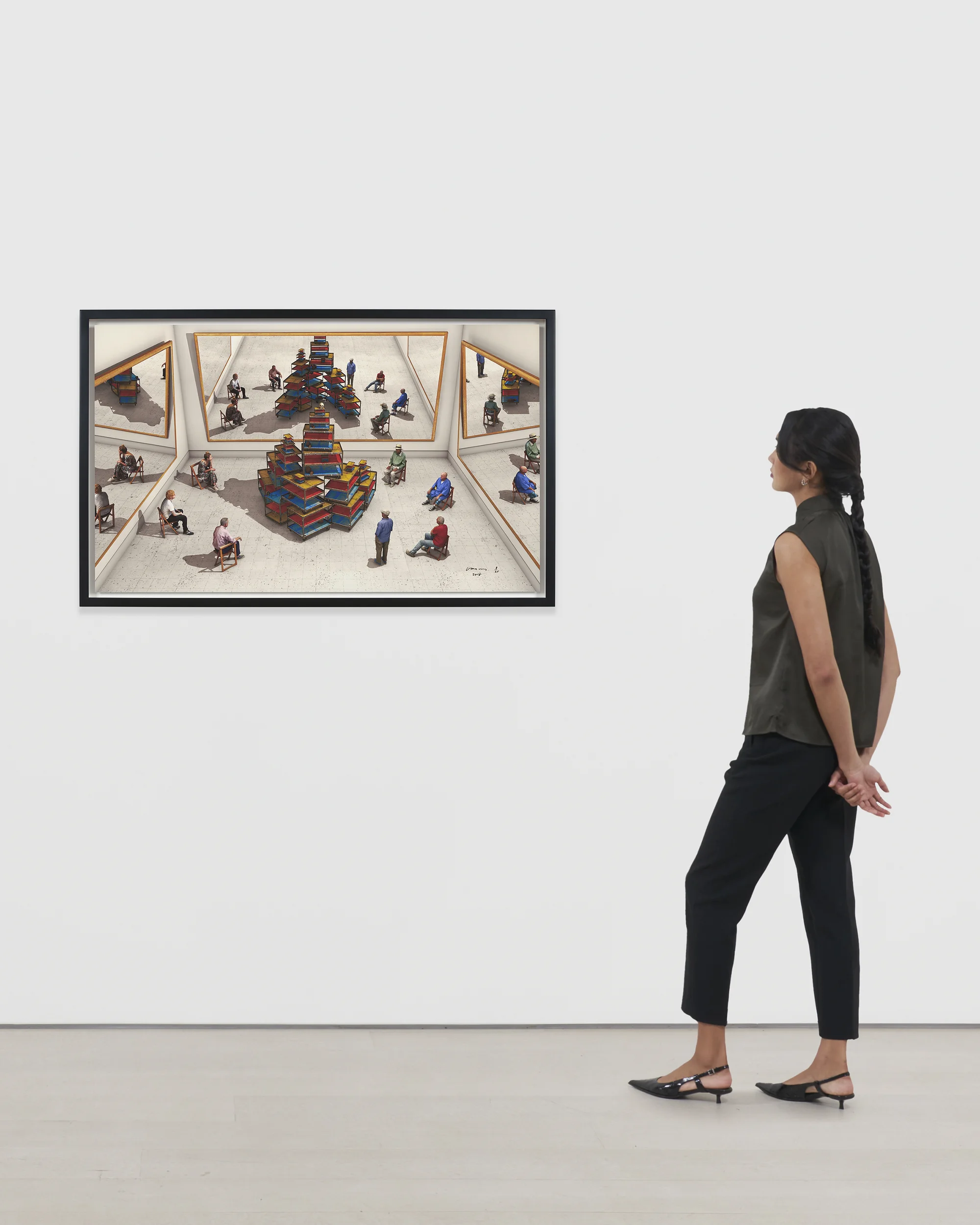 Viewers Looking at a Ready-made with Skull and Mirrors by David Hockney