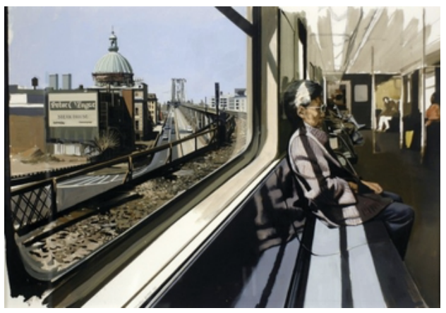 M Train on Route to Manhattan Approaches the Williamsburg Bridge by Richard Estes