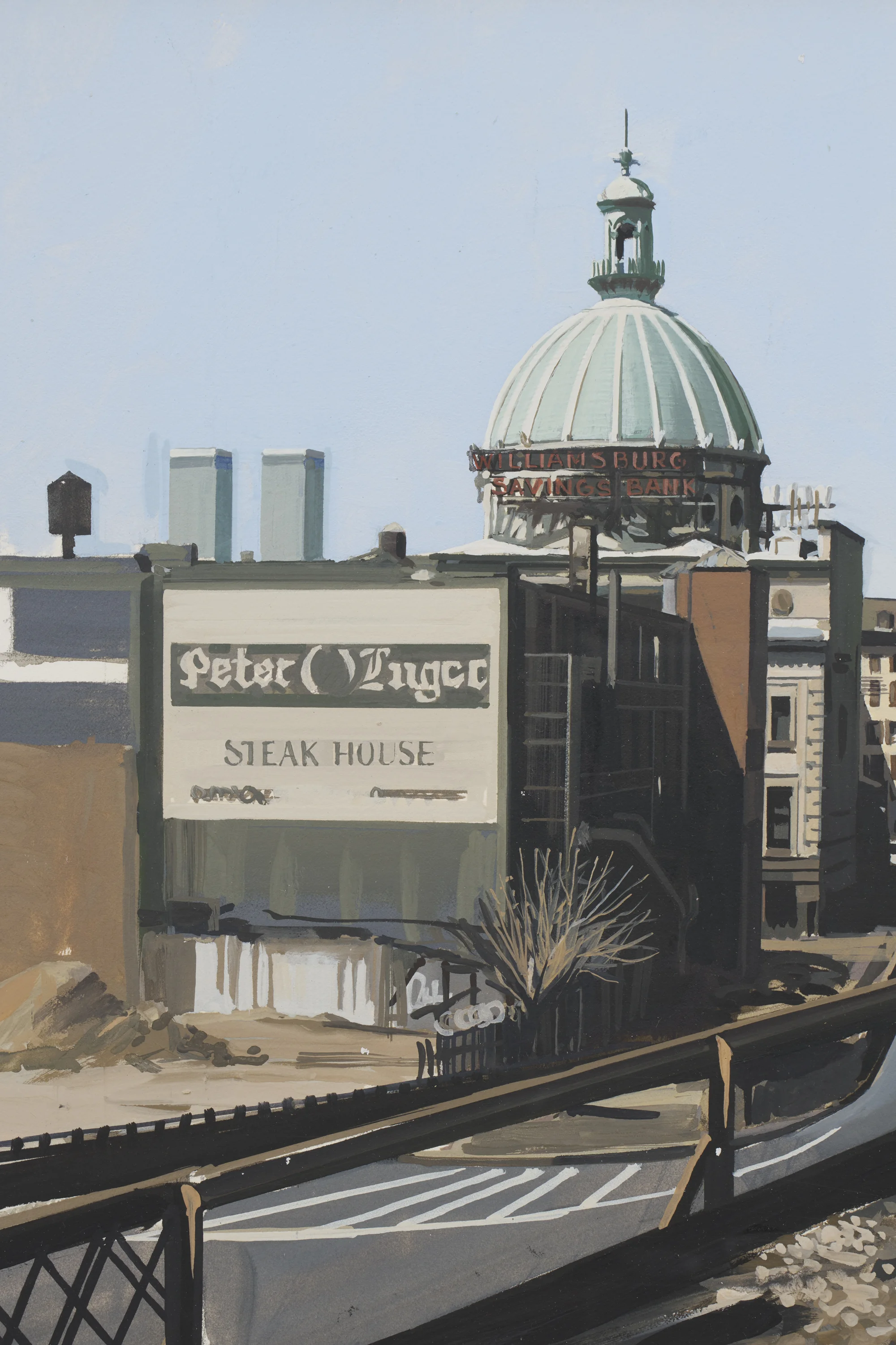 M Train on Route to Manhattan Approaches the Williamsburg Bridge by Richard Estes