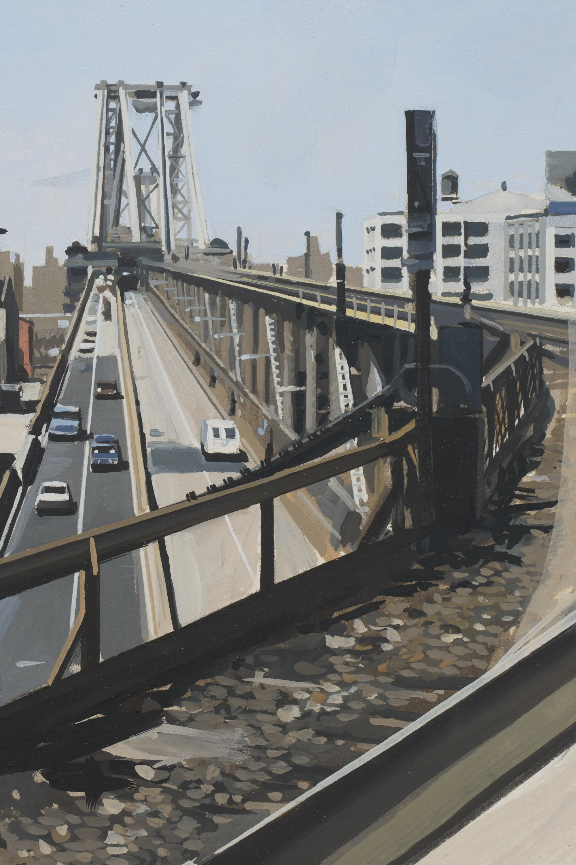 M Train on Route to Manhattan Approaches the Williamsburg Bridge by Richard Estes