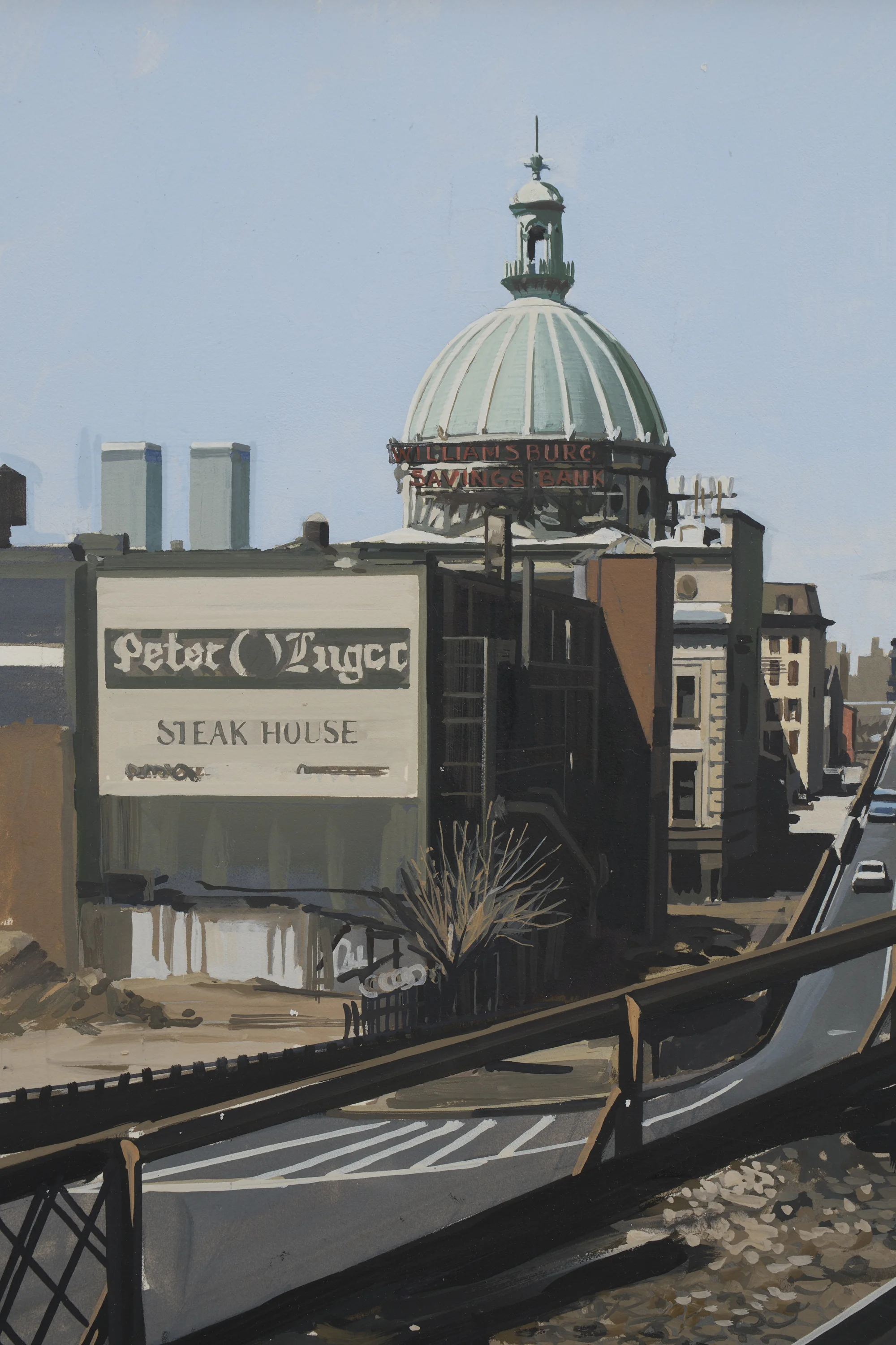 M Train on Route to Manhattan Approaches the Williamsburg Bridge by Richard Estes