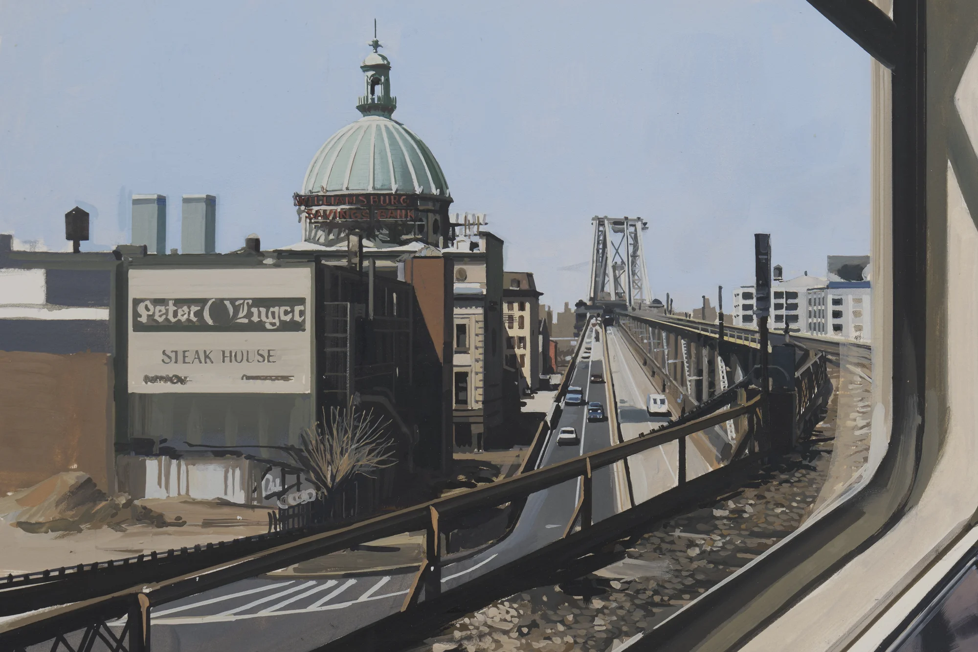 M Train on Route to Manhattan Approaches the Williamsburg Bridge by Richard Estes