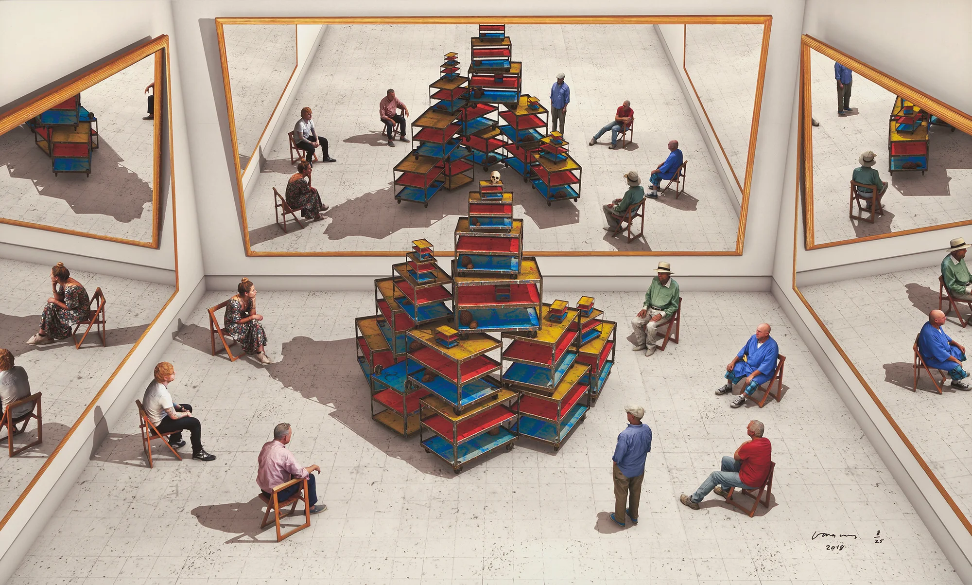 Viewers Looking at a Ready-made with Skull and Mirrors by David Hockney