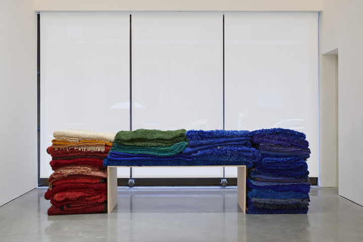 Yto Barrada — Geological Time Scale (assembled group of primarily monochrome Beni Mguild, Marmoucha, and Ait Sgougou pile rugs from Western Central, Middle Atlas, Morocco)