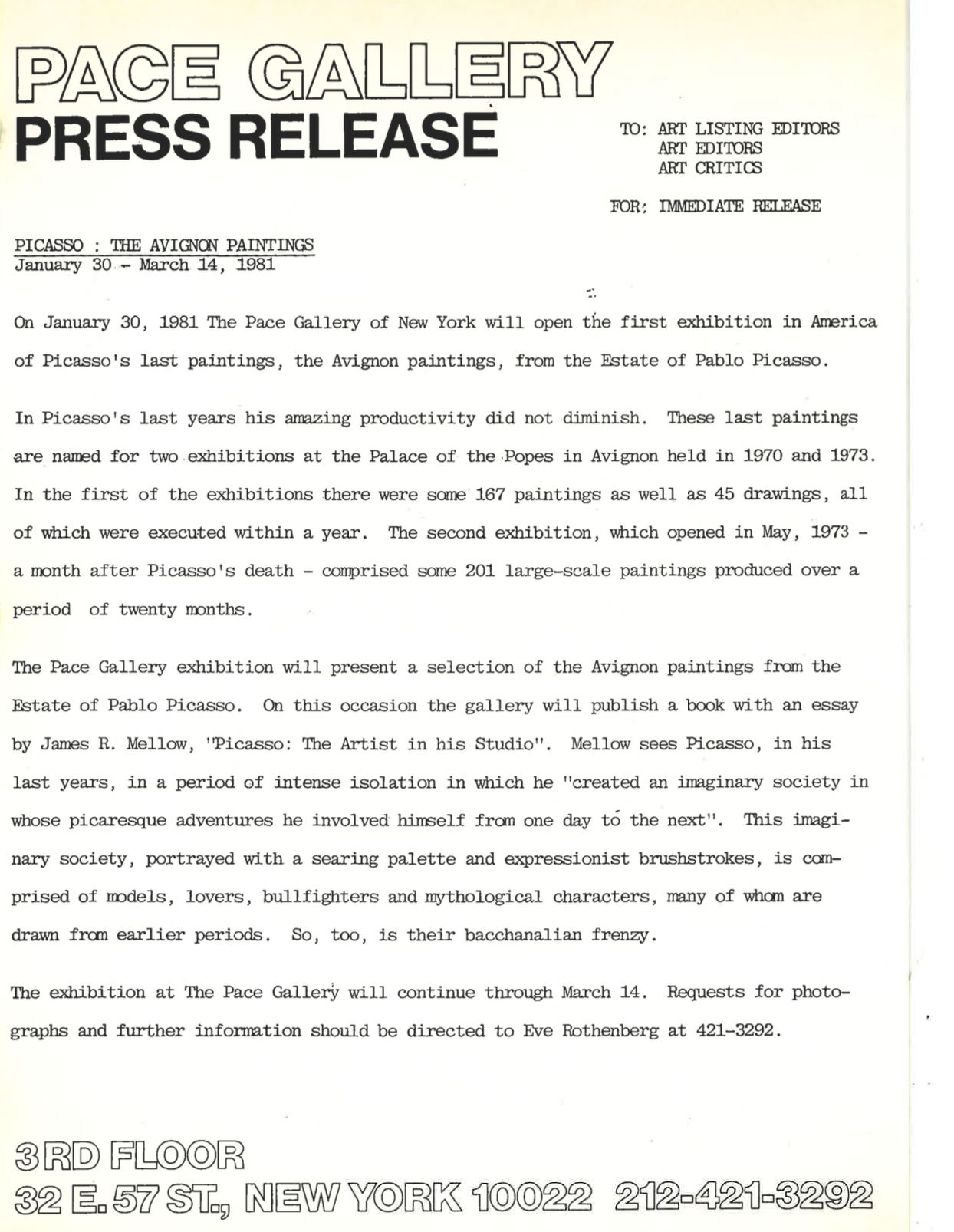 Picasso 1981 Press Release